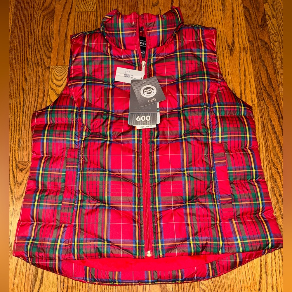 Lands End Hyper Dry Allied Feather 600 Down Plaid Puffer Vest NWT Sz M/P 10-12